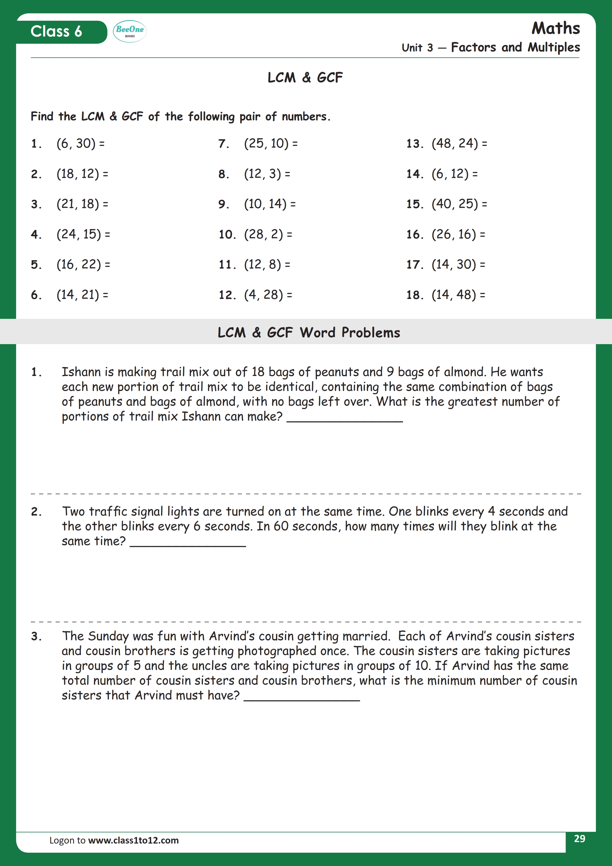 LCM GCF Class 6 Maths Worksheet